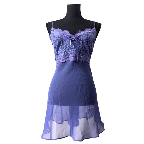 Vintage 90s Y2K Purple Floral Lace Coquette Babydoll Lingerie Mini Dress L - Picture 3 of 8